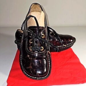 Alegria Abbi Lace Up Patent Leather Blk/Brn Cheetah Comfort Shoes 37 VGUC
